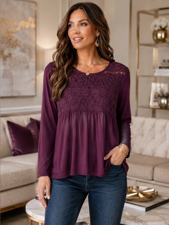 i jeans by Buffalo Tops - I Jeans By Buffalo Deep Plum Lace & Crochet Long-Sleeve Top